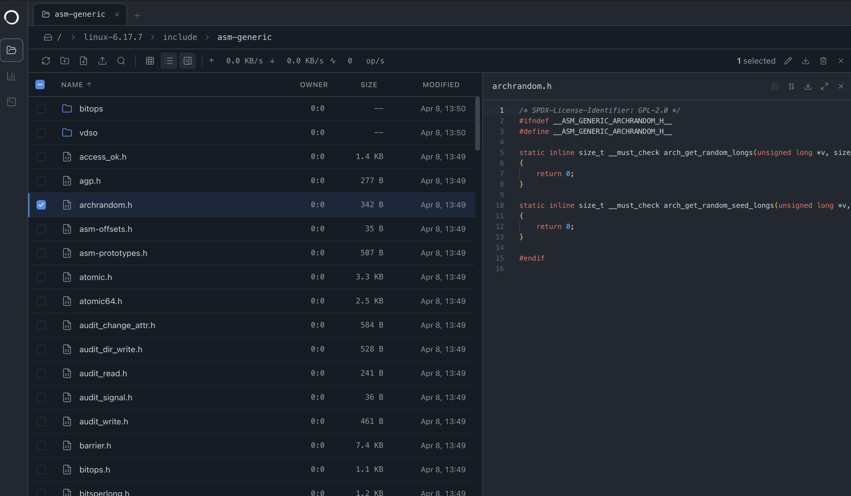 ZeroFS web file manager browsing the Linux 6.17 source tree with an inline file preview